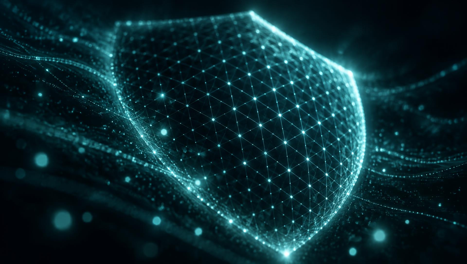 A glowing mesh of protective lines curving through darkness